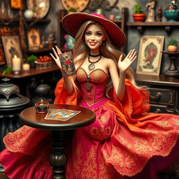 A cheerful and relaxed Barbie-style Gypsy Witch holding a tarot card, with a big friendly smile, looking at the camera while waving