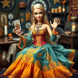 A cheerful and relaxed Barbie-style Gypsy Witch holding a tarot card, with a big friendly smile, looking at the camera while waving