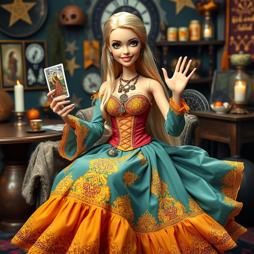 A cheerful and relaxed Barbie-style Gypsy Witch holding a tarot card, with a big friendly smile, looking at the camera while waving