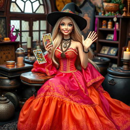 A cheerful and relaxed Barbie-style Gypsy Witch holding a tarot card, with a big friendly smile, looking at the camera while waving