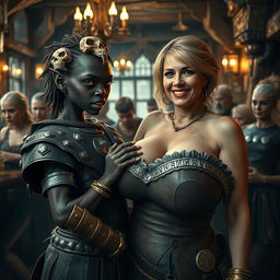 Inside a vibrant medieval tavern filled with older blonde prostitutes showcasing their ample figures, the rich atmosphere is alive with activity
