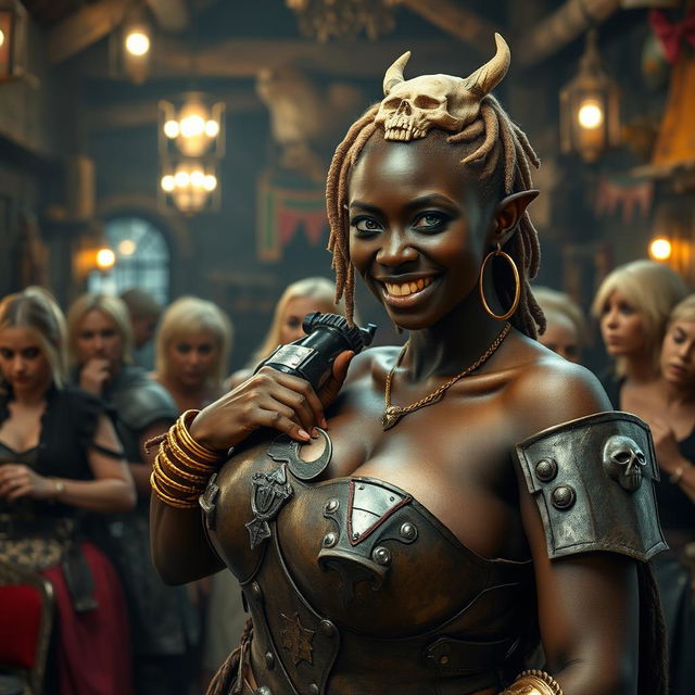 Inside a vibrant medieval tavern filled with older blonde prostitutes showcasing their ample figures, the rich atmosphere is alive with activity