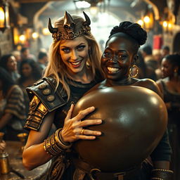 Inside a bustling medieval tavern filled with voluptuous older black prostitutes, the atmosphere is lively and colorful