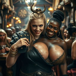 Inside a bustling medieval tavern filled with voluptuous older black prostitutes, the atmosphere is lively and colorful