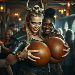 Inside a bustling medieval tavern filled with voluptuous older black prostitutes, the atmosphere is lively and colorful