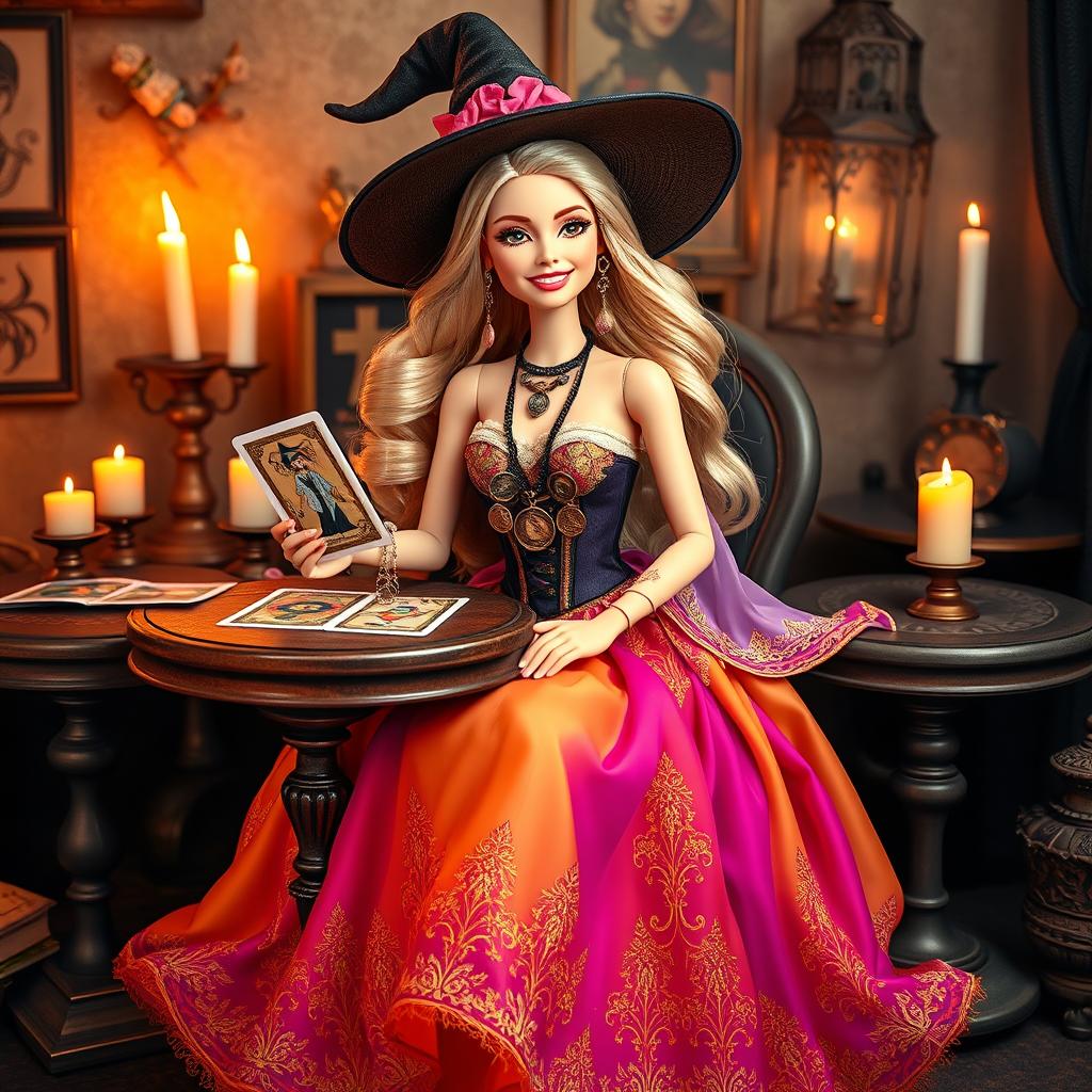 A joyful and cheerful Barbie witch, sitting at a tarot table, holding a tarot card with a relaxed and friendly expression