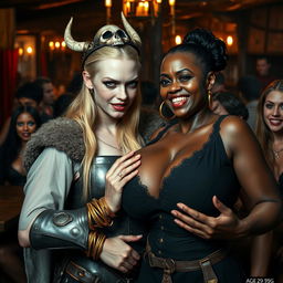 In a bustling medieval tavern filled with voluptuous black prostitutes, the atmosphere is rich and evocative