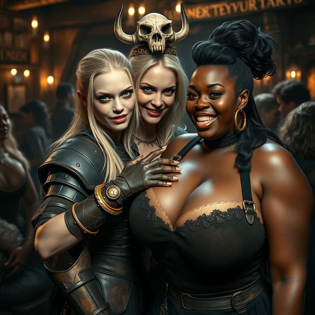 In a bustling medieval tavern filled with voluptuous black prostitutes, the atmosphere is rich and evocative