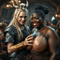 In a bustling medieval tavern filled with voluptuous black prostitutes, the atmosphere is rich and evocative