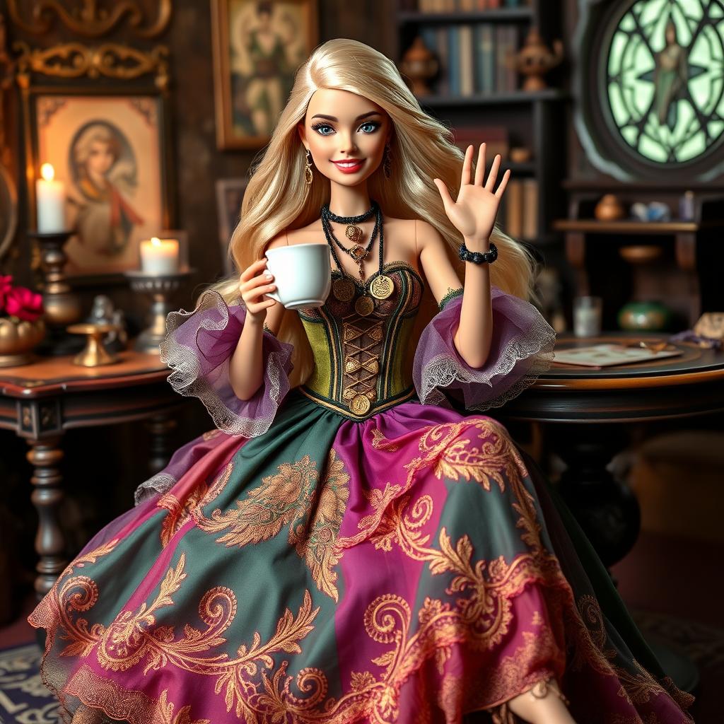 A cheerful and mystical Gypsy Witch Barbie, elegantly sitting at a tarot table