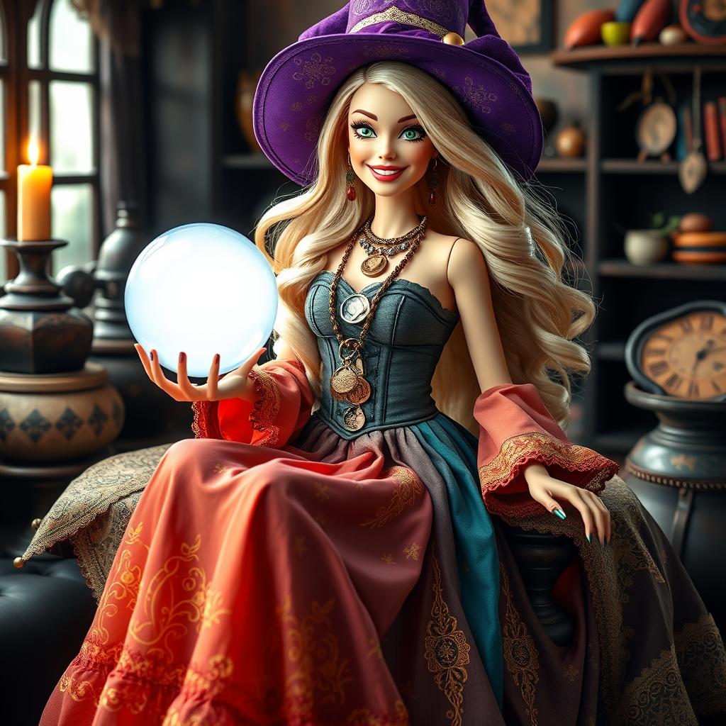A cheerful and vibrant Gypsy Barbie Witch holding a crystal ball