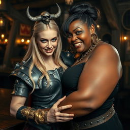 In a vibrant medieval tavern filled with voluptuous black prostitutes, the atmosphere is alive with chatter and excitement