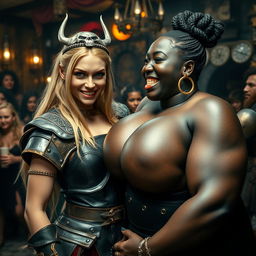 In a vibrant medieval tavern filled with voluptuous black prostitutes, the atmosphere is alive with chatter and excitement