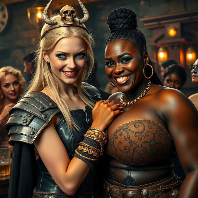 In a vibrant medieval tavern filled with voluptuous black prostitutes, the atmosphere is alive with chatter and excitement