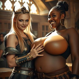 In a sunlit medieval brothel, the scene is vibrant and lively