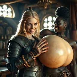 In a sunlit medieval brothel, the scene is vibrant and lively