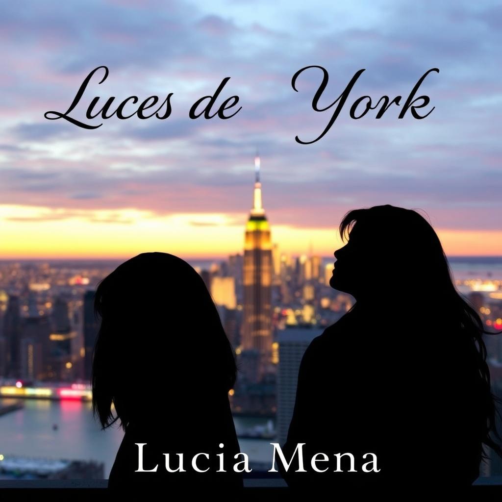Two silhouettes of two girls with long hair, one taller than the other, glancing sideways at each other against the stunning backdrop of New York City