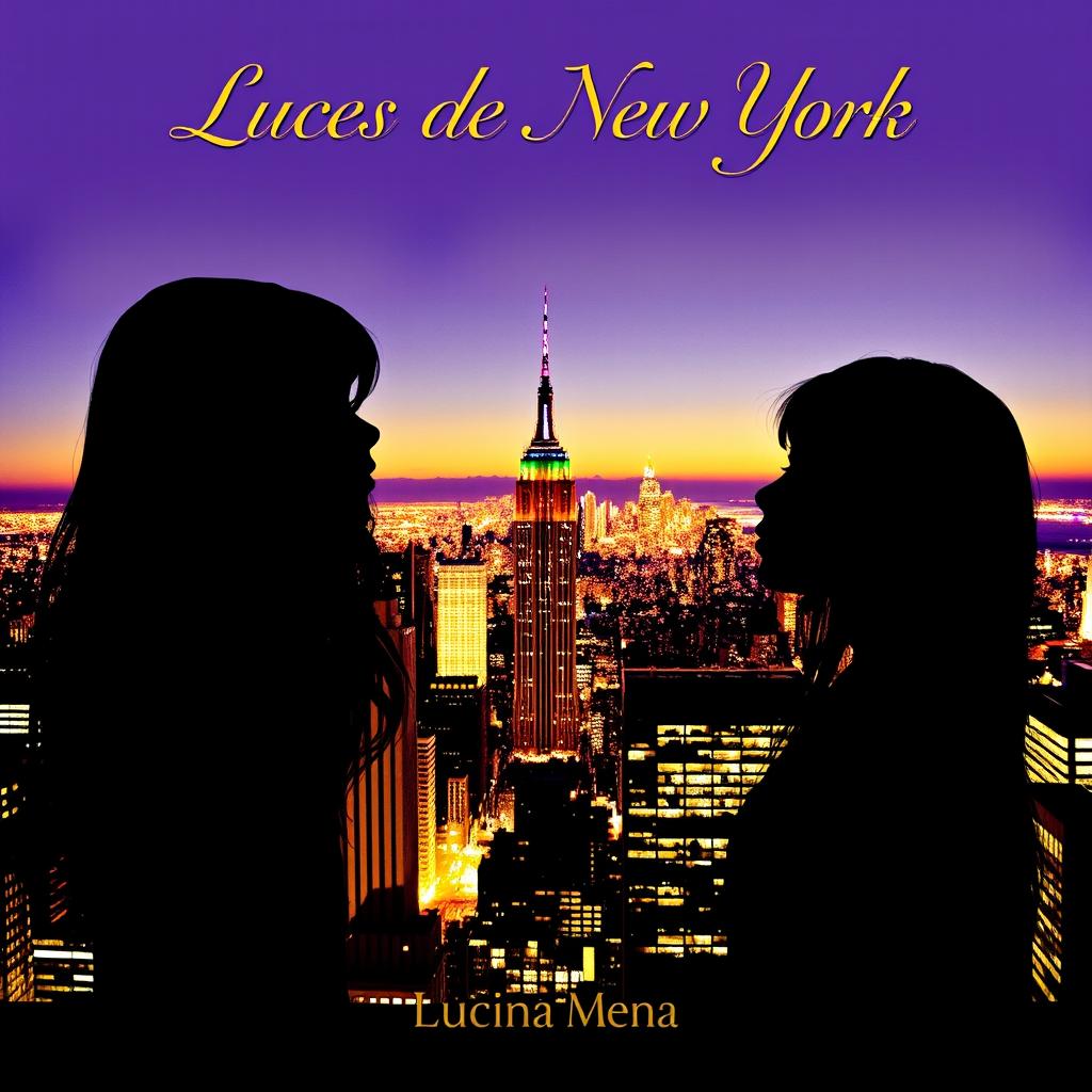 Two silhouettes of two girls with long hair, one taller than the other, glancing sideways at each other against the vibrant backdrop of New York City