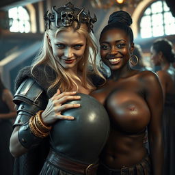 In a brightly lit medieval brothel during the day, the scene is bustling with energy