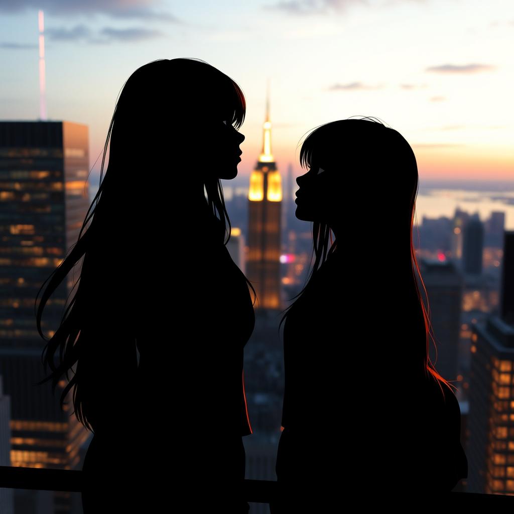 Two silhouettes of two girls with long hair, one taller than the other, glancing sideways at each other against the stunning backdrop of New York City