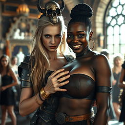 In a sunlit medieval brothel, the setting is bustling and vibrant