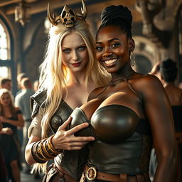 In a sunlit medieval brothel, the setting is bustling and vibrant