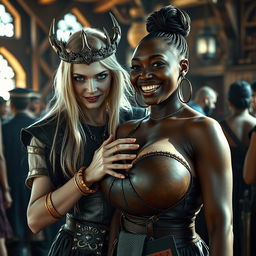 In a sunlit medieval brothel, the setting is bustling and vibrant