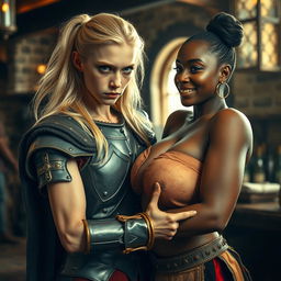 In a brightly lit medieval brothel during the day, the atmosphere is lively and full of character