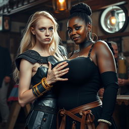 In a brightly lit medieval brothel during the day, the atmosphere is lively and full of character