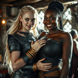 In a brightly lit medieval brothel during the day, the atmosphere is lively and full of character