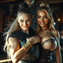 In a brightly lit medieval brothel during the day, the atmosphere is lively and full of character