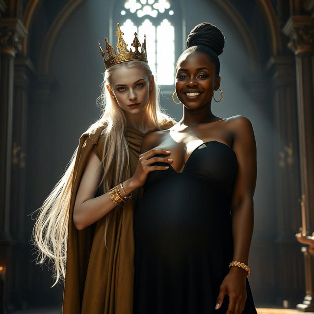 In a sunlit medieval palace, the scene is filled with grandeur and character