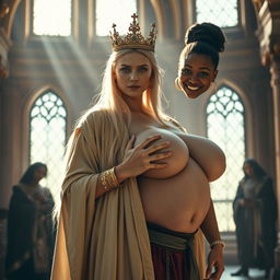 In a sunlit medieval palace, the scene is filled with grandeur and character