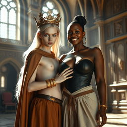 In a sunlit medieval palace, the scene is filled with grandeur and character