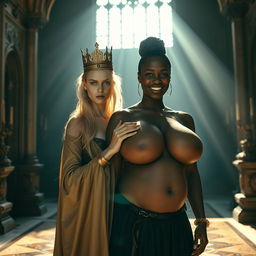 In a sunlit medieval palace, the scene is filled with grandeur and character