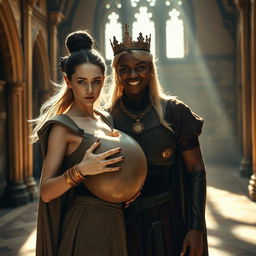 In a sunlit medieval palace, the setting is filled with an air of grandeur and character