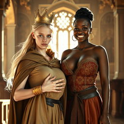 In a sunlit medieval palace, the setting is filled with an air of grandeur and character