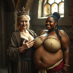 Inside a medieval brothel room illuminated by daylight, featuring two contrasting women: a young, very short, malnourished blonde woman of 19 with pale skin, blue eyes, and a long, fully closed robe, exuding anger with a wicked smile and wearing a large royal crown on her head, adorned with gold bracelets