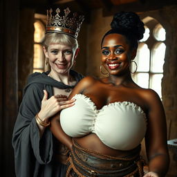 Inside a medieval brothel room illuminated by daylight, featuring two contrasting women: a young, very short, malnourished blonde woman of 19 with pale skin, blue eyes, and a long, fully closed robe, exuding anger with a wicked smile and wearing a large royal crown on her head, adorned with gold bracelets