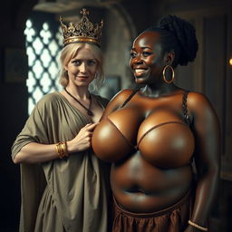 Inside a medieval brothel room illuminated by daylight, featuring two contrasting women: a young, very short, malnourished blonde woman of 19 with pale skin, blue eyes, and a long, fully closed robe, exuding anger with a wicked smile and wearing a large royal crown on her head, adorned with gold bracelets