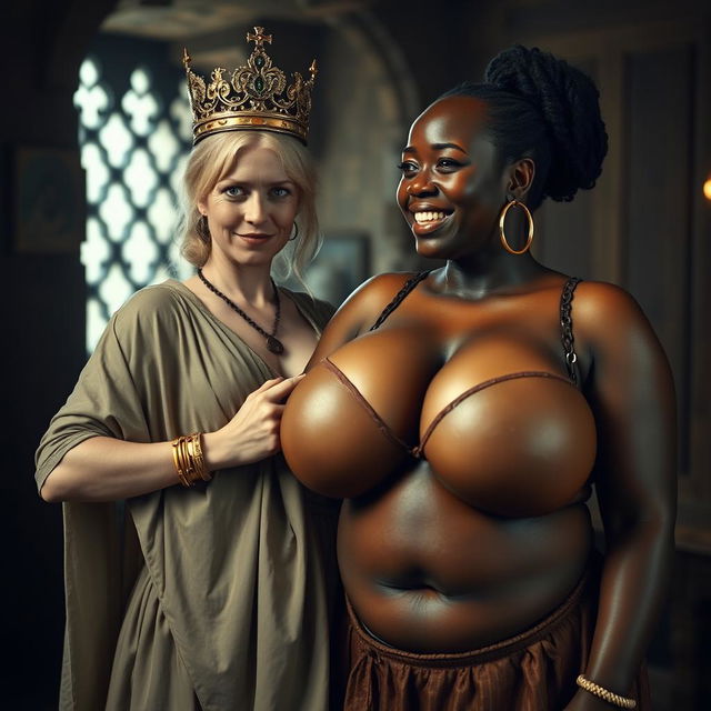 Inside a medieval brothel room illuminated by daylight, featuring two contrasting women: a young, very short, malnourished blonde woman of 19 with pale skin, blue eyes, and a long, fully closed robe, exuding anger with a wicked smile and wearing a large royal crown on her head, adorned with gold bracelets