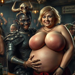 In a lively medieval bar filled with prostitutes, a captivating scene takes center stage featuring a young African woman, 20 years old, notably short and malnourished