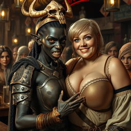 In a lively medieval bar filled with prostitutes, a captivating scene takes center stage featuring a young African woman, 20 years old, notably short and malnourished