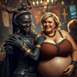 In a lively medieval bar filled with prostitutes, a captivating scene takes center stage featuring a young African woman, 20 years old, notably short and malnourished