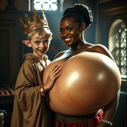 In a medieval brothel room illuminated by daylight, a striking scene emerges featuring a young blonde woman, 20 years old, who is notably short, dwarf-like, and malnourished