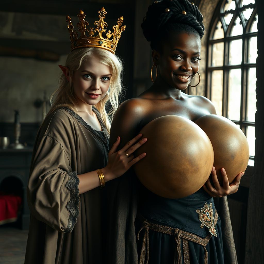 In a medieval brothel room illuminated by daylight, a striking scene emerges featuring a young blonde woman, 20 years old, who is notably short, dwarf-like, and malnourished