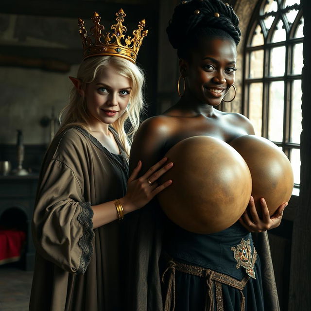 In a medieval brothel room illuminated by daylight, a striking scene emerges featuring a young blonde woman, 20 years old, who is notably short, dwarf-like, and malnourished