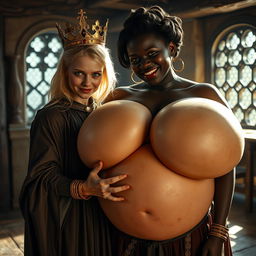 In a medieval brothel room illuminated by daylight, a striking scene emerges featuring a young blonde woman, 20 years old, who is notably short, dwarf-like, and malnourished