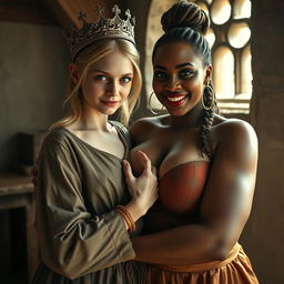 In a medieval brothel room bathed in daylight, a striking scene features a young, malnourished blonde woman, 20 years old, petite and dwarf-like