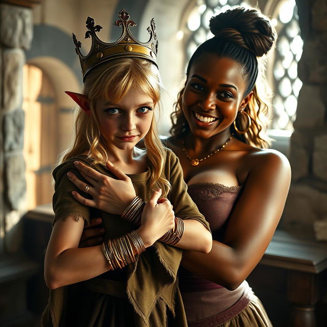 In a medieval brothel room bathed in daylight, a striking scene features a young, malnourished blonde woman, 20 years old, petite and dwarf-like